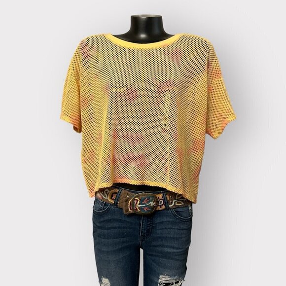 Gilded Intent Mesh Crop Top M Yellow & Orange Tie-Dye 100% Cotton - Picture 1 of 8